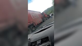 Woman in Red Pick-up makes Mistake with Big Rig on the Highway