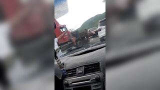 Woman in Red Pick-up makes Mistake with Big Rig on the Highway
