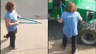 Demented Karen was caught on camera snipping hydraulic lines on a boom lift