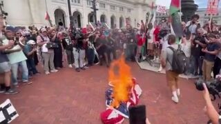 Pro-Palestine Protestors Remove American Flag outside of Union Station in Washington and Burn it while Chanting "Allah Akbar"