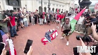 Pro-Palestine Protestors Remove American Flag outside of Union Station in Washington and Burn it while Chanting "Allah Akbar"