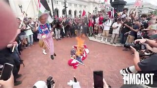 Pro-Palestine Protestors Remove American Flag outside of Union Station in Washington and Burn it while Chanting "Allah Akbar"