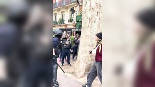 French police struck a woman who appears to have not done anything amid protests