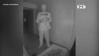 Person in Joe Biden mask and Charlie Kirk shirt eats banana on Texas family's doorbell cam