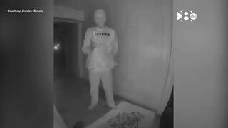 Person in Joe Biden mask and Charlie Kirk shirt eats banana on Texas family's doorbell cam