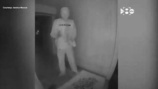 Person in Joe Biden mask and Charlie Kirk shirt eats banana on Texas family's doorbell cam