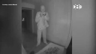 Person in Joe Biden mask and Charlie Kirk shirt eats banana on Texas family's doorbell cam