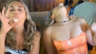 Blonde Birthday Girl almost Chokes on her Shot Glass