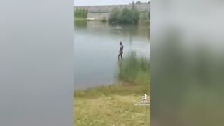 Illegal naked migrant make shit to the lake