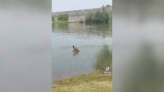 Illegal naked migrant make shit to the lake