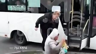 enraged woman beat up a pervert who was harassing a young woman on public transport.