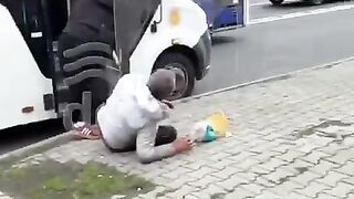 enraged woman beat up a pervert who was harassing a young woman on public transport.