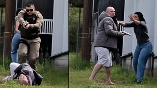 WOMAN SCREAMS & CRIES in TERROR as GUNMAN GRAPPLES HER & PRESSES a PISTOL to her HEAD