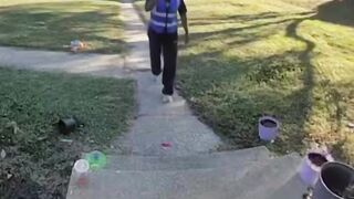 DELIVERY DRIVER HURLS PACKAGE at CAT LYING CALMLY on PORCH in VIRGINIA BEACH