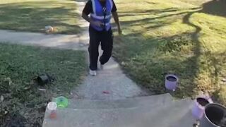DELIVERY DRIVER HURLS PACKAGE at CAT LYING CALMLY on PORCH in VIRGINIA BEACH