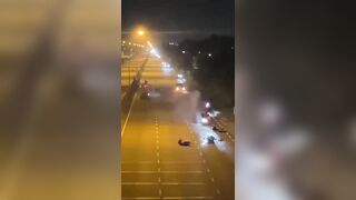 One of the Stoopid biker's bike fly up in the air