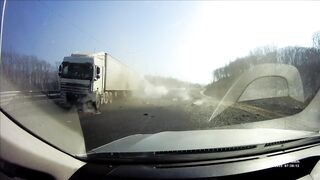 Toyota crushed between a Truck and a Trailer after a Failed Overtaking [Russia, February 11]