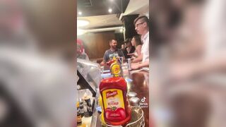 Drunk TDS Liberal White Woman Squirts Ketchup All Over Two Men At The Bar