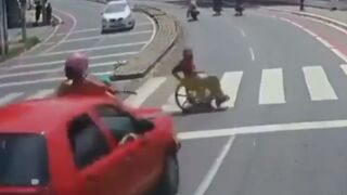 Driver runs through a pedestrian crossing then hits a motorcyclist and a man in a wheelchair