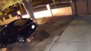 He enters the patio of a house to set fire to a car and catches fire himself