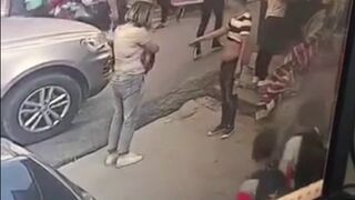 Crazy Man with a Cleaver Kills Innocent Man Talking to his Wife (Slo Mo at End)