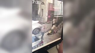 Crazy Man with a Cleaver Kills Innocent Man Talking to his Wife (Slo Mo at End)