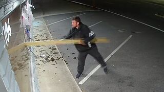 Man with Wood Pole smashes Windows at 8 Businesses then Laughs It Up (Wouldn't We all be so Lucky)