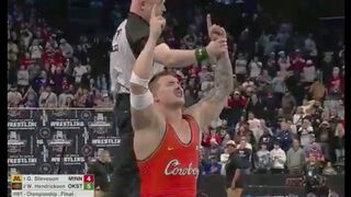 Wyatt Hendrickson Upsets Rival Wins National Wrestling Championship Immediately Salutes Donald Trump in Audience.