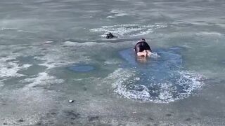 While Rescuing a Dog from Ice Captivity, a Lady Herself fell through the Ice