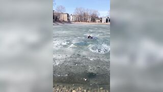 While Rescuing a Dog from Ice Captivity, a Lady Herself fell through the Ice