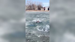 While Rescuing a Dog from Ice Captivity, a Lady Herself fell through the Ice