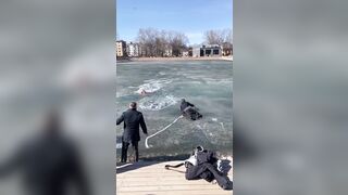 While Rescuing a Dog from Ice Captivity, a Lady Herself fell through the Ice