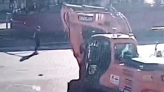 Excavator never Saw Her? Woman Trampled to Death (Slow Motion Added)