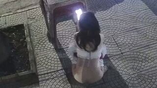 Asian Motorcycle Girl in White had to Pee