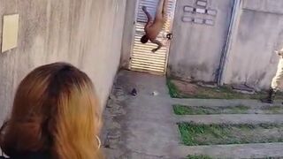 Man gets stripped and hung by his pants while trying to break into his ex's house