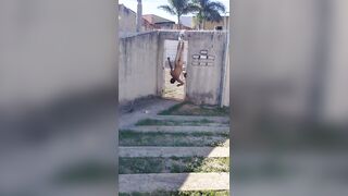 Man gets stripped and hung by his pants while trying to break into his ex's house