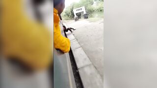 Let go Bro! Brutal Nightmare as Man let's Go of Moving Train (2 Angles)
