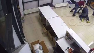 Girl at Desk watches as 2 Men brutally beat a Cop who tried stopping them from stealing