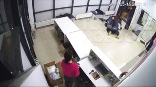 Girl at Desk watches as 2 Men brutally beat a Cop who tried stopping them from stealing