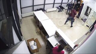 Girl at Desk watches as 2 Men brutally beat a Cop who tried stopping them from stealing