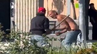 Dude Lays a Butt Whoppin on a Migrant Who was Throwing bottles at People.