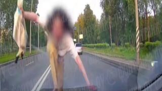 Drug Addict Girl smashes Car Windshield with her Foot