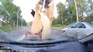 Drug Addict Girl smashes Car Windshield with her Foot
