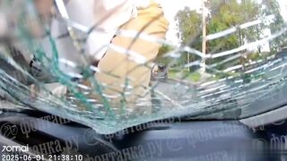 Drug Addict Girl smashes Car Windshield with her Foot