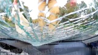 Drug Addict Girl smashes Car Windshield with her Foot