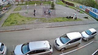Psycho Kid with 2 Knives chases Man thru Playground, but gets quick Justice