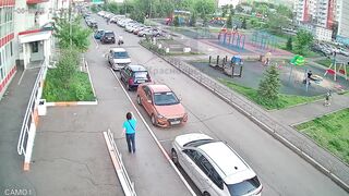 Psycho Kid with 2 Knives chases Man thru Playground, but gets quick Justice