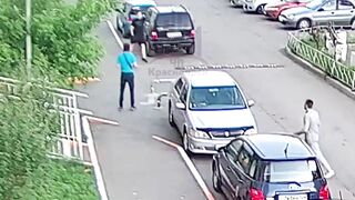 Psycho Kid with 2 Knives chases Man thru Playground, but gets quick Justice