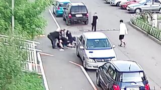 Psycho Kid with 2 Knives chases Man thru Playground, but gets quick Justice