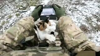 Ukrainian soldier gets a helper while he's controlling a drone